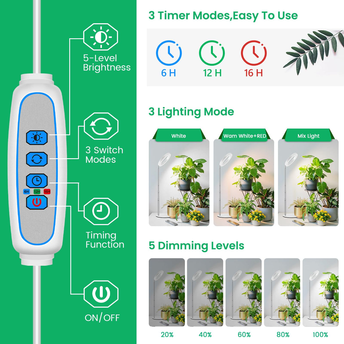 Aokrean grow lights soil insertion option for flexible placement