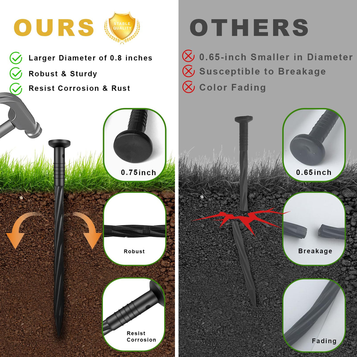 Aolabela hammer-in stakes with spiral design for secure installation.