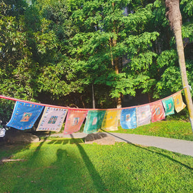 Aolamegs meditation room flags create a tranquil atmosphere during practice.