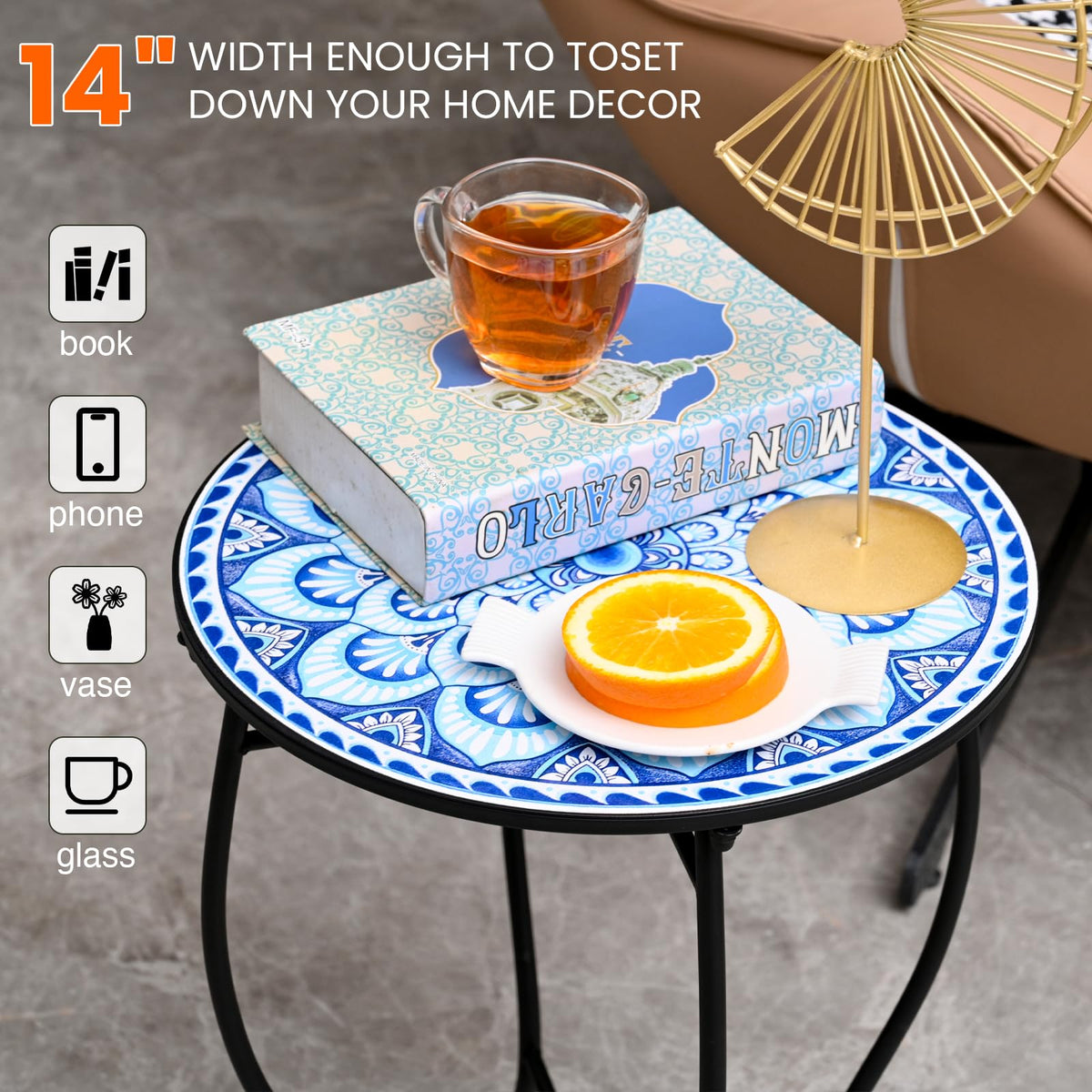 Aonagi weather-resistant metal side table in black for indoor outdoor use.