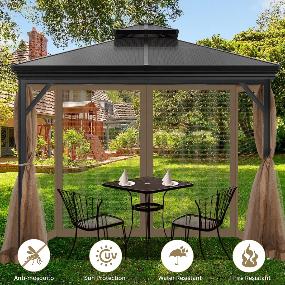 Four-panel zip sidewalls for Aonear gazebo provide easy entry and ventilation.