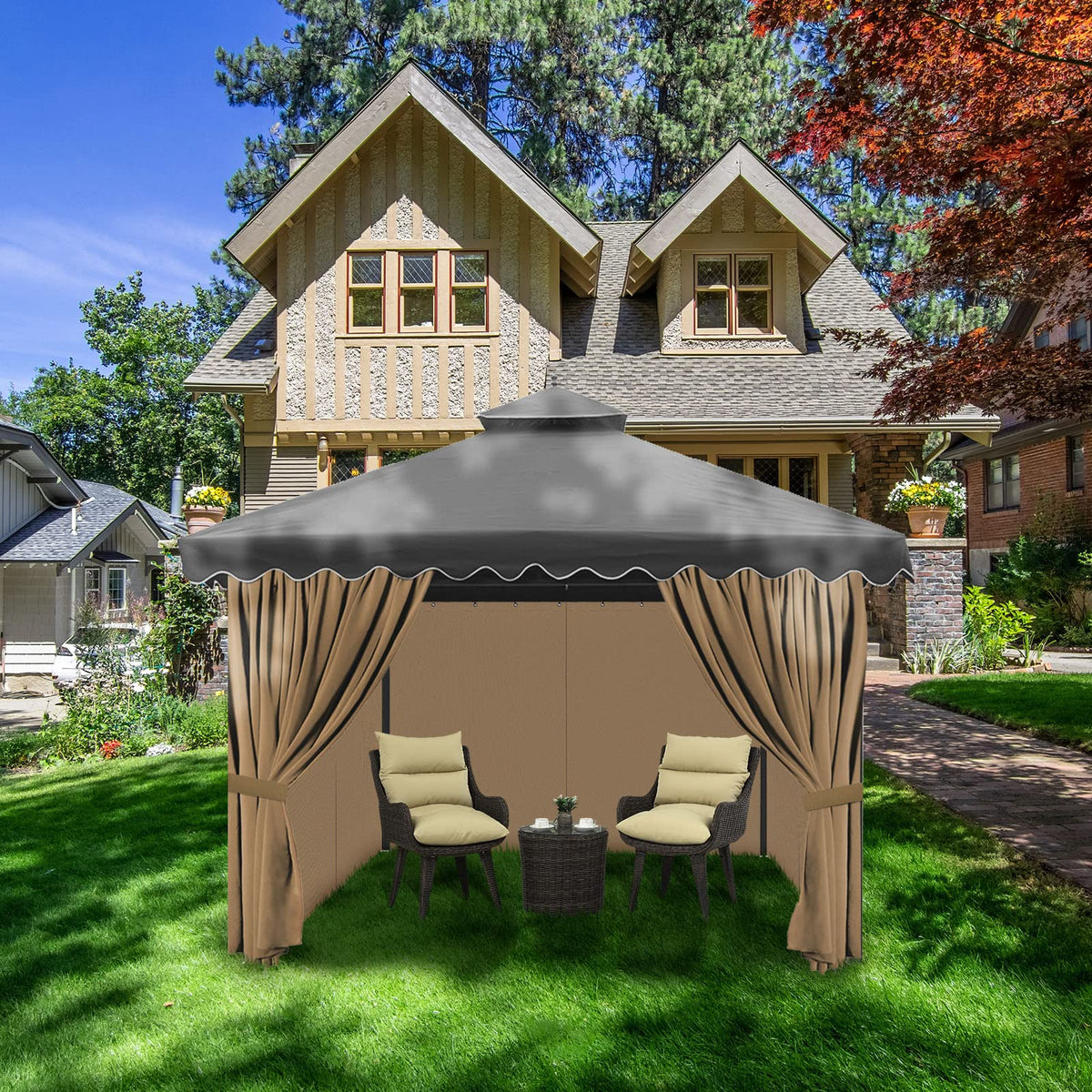 Aonear waterproof and UV-resistant fabric protecting the outdoor lounge area.