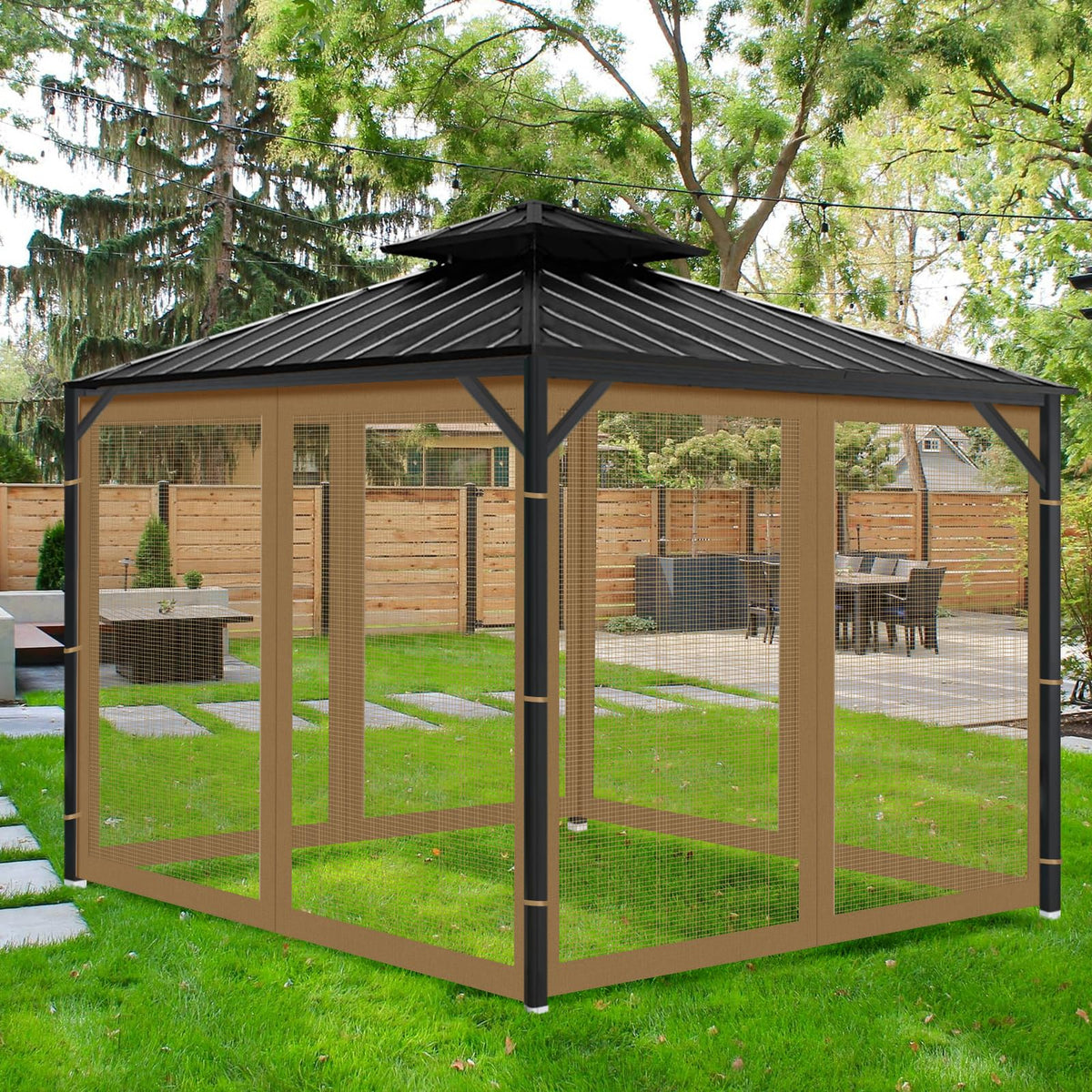Aonear netting ideal for backyard dining and family gatherings.