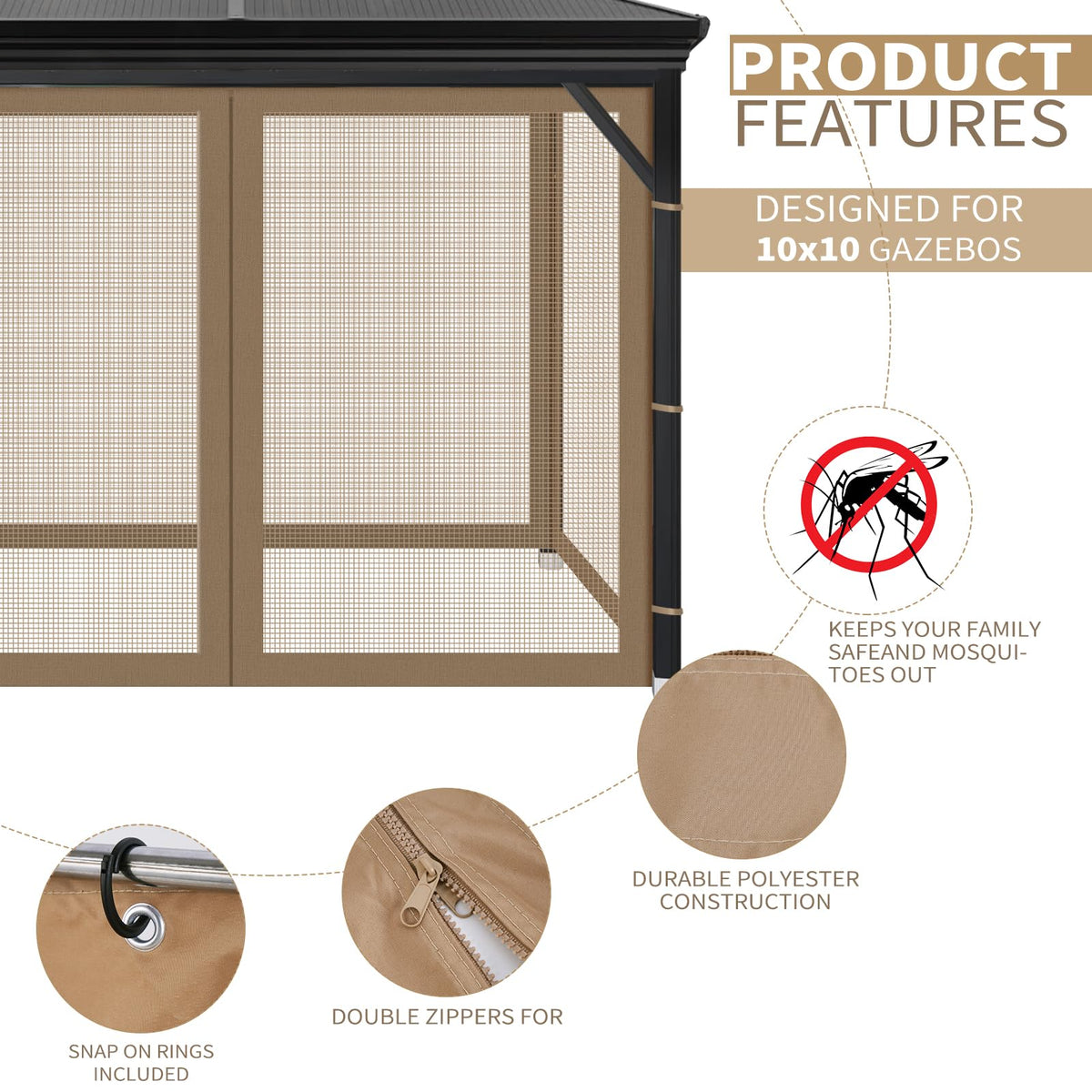 Aonear khaki mosquito net fits most gazebos for outdoor shade.