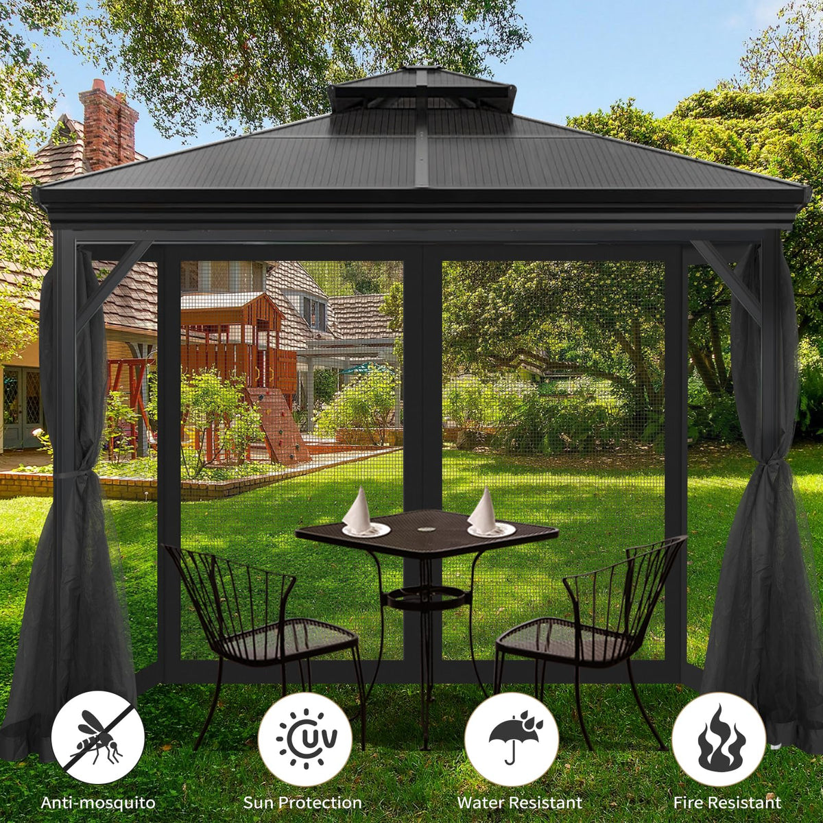 Aonear gazebo mosquito netting on patio keeps insects away during meals.