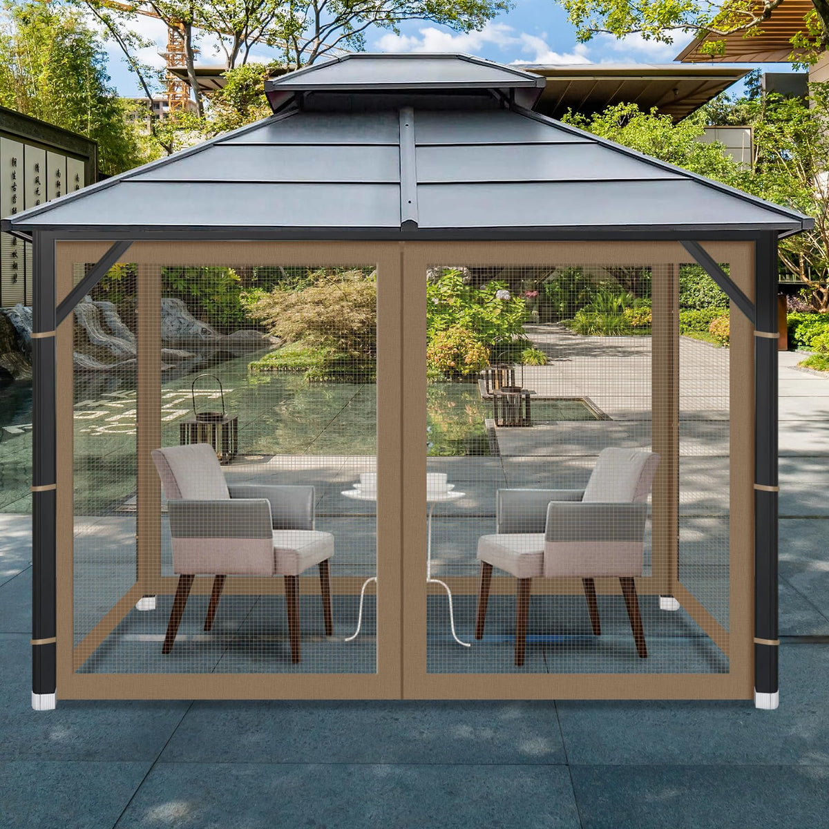 Gray or khaki outdoor mesh screen enhances canopy airflow and comfort.