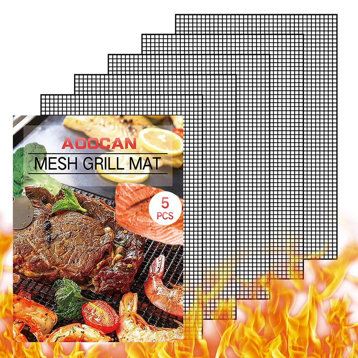 Aoocan grill mesh mat 5-pack provides even heat and easy cleanup.