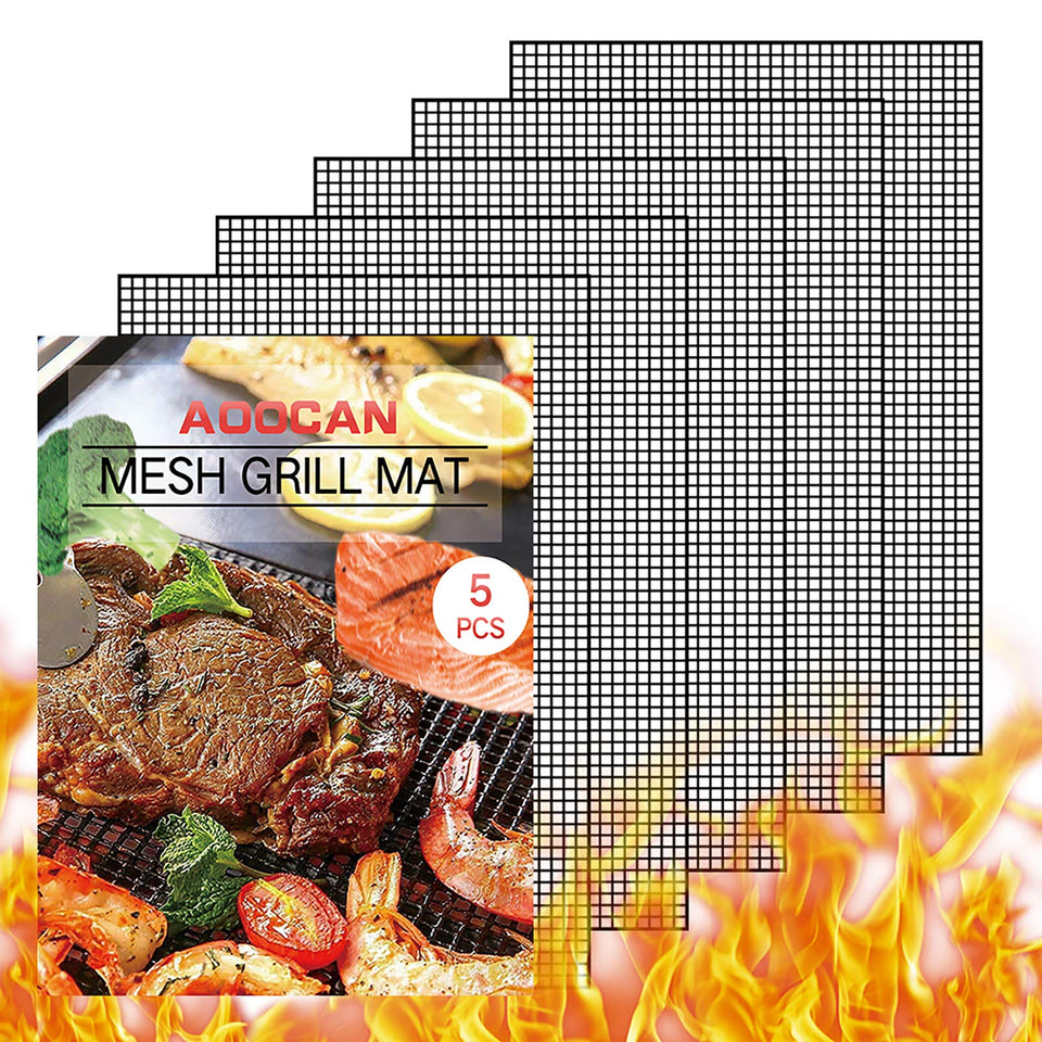 Aoocan grill mesh mat 5-pack provides even heat and easy cleanup.
