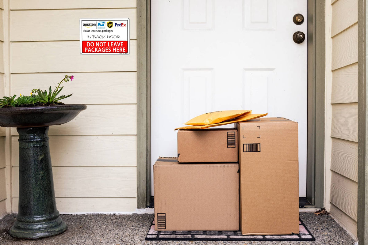 AOOCY Do Not Leave Packages Here sign close-up graphic illustrating delivery guidance