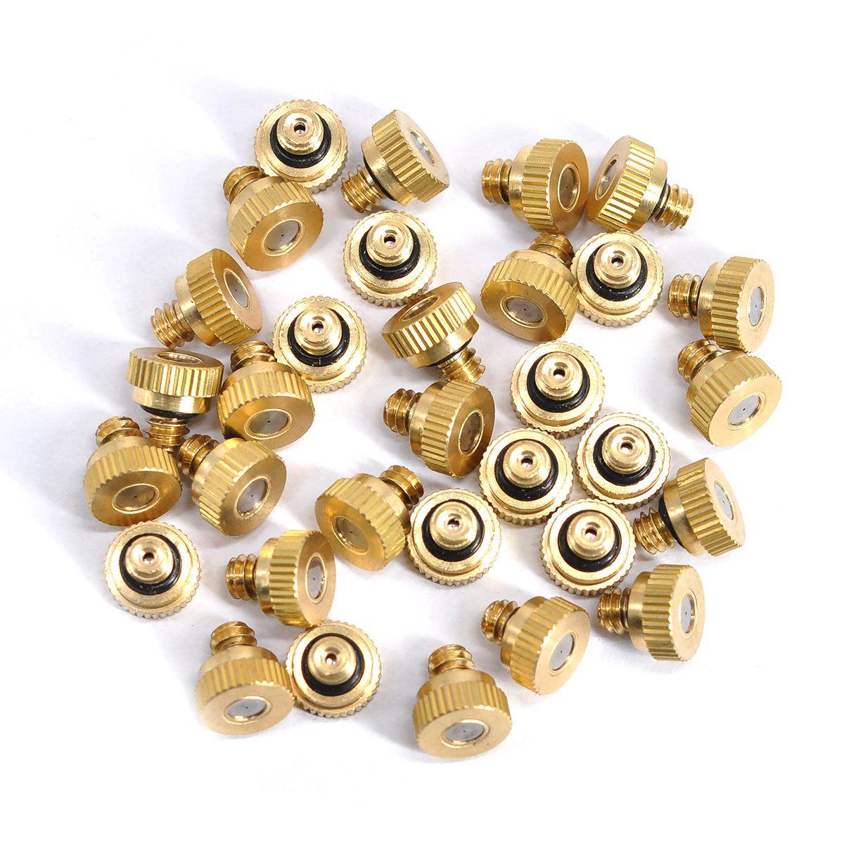 Aootech brass misting nozzle in landscaping setup providing gentle mist for plants.