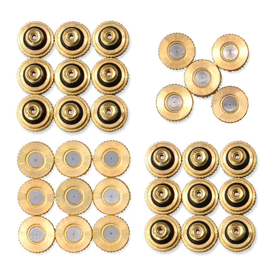 Aootech brass misting nozzle in outdoor cooling setup delivering refreshing mist.