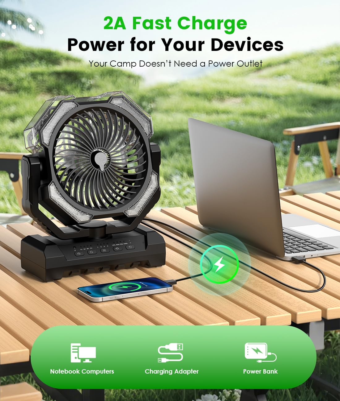 Aopircs Camping Misting Fan angle adjustment for precise airflow.