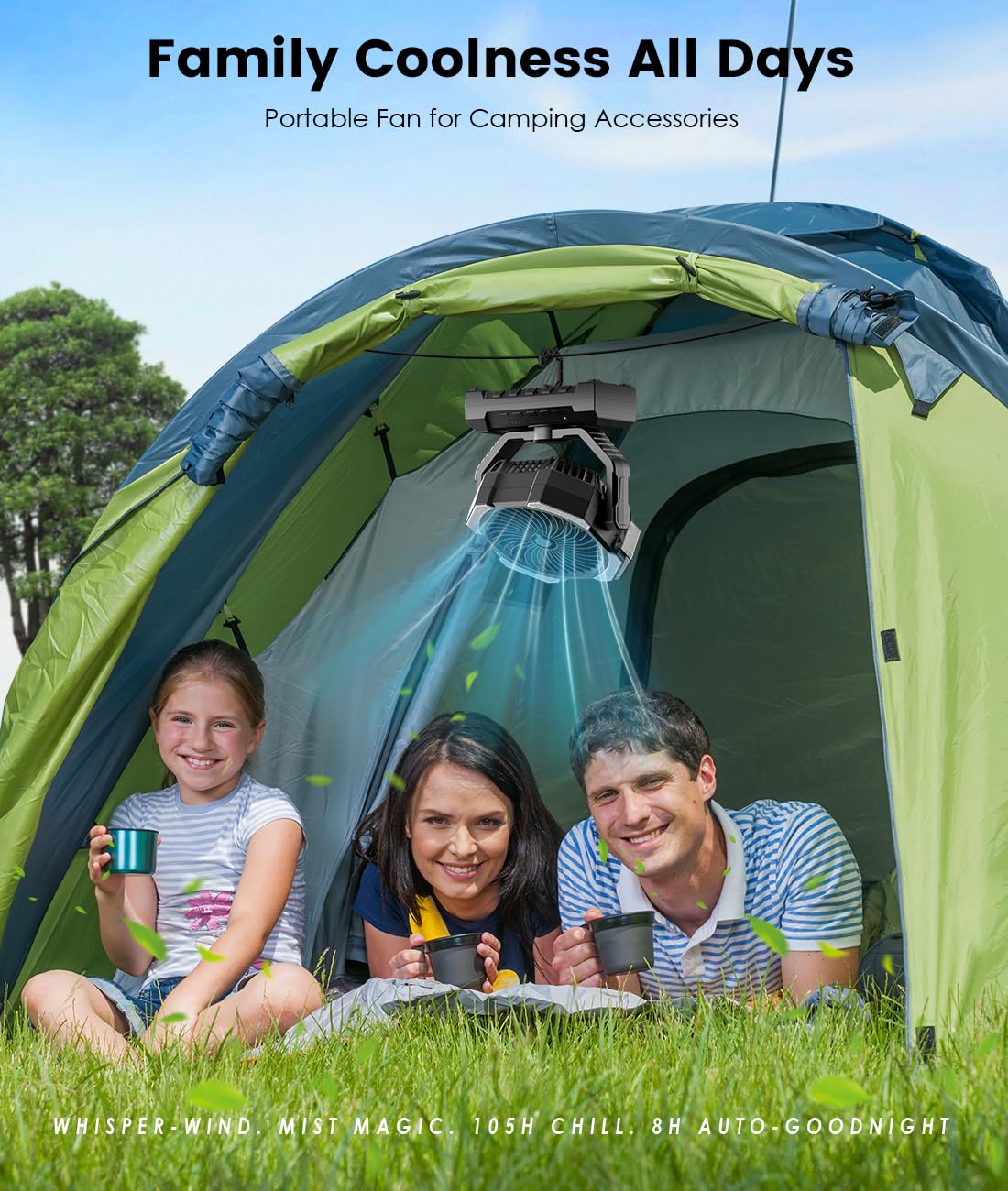 Aopircs Camping Misting Fan hanging hook for tent or gear setup.
