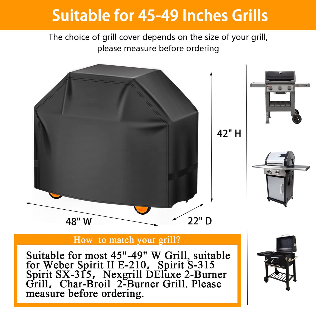 Aoretic 48-inch grill cover back view demonstrates wind-resistant fit.