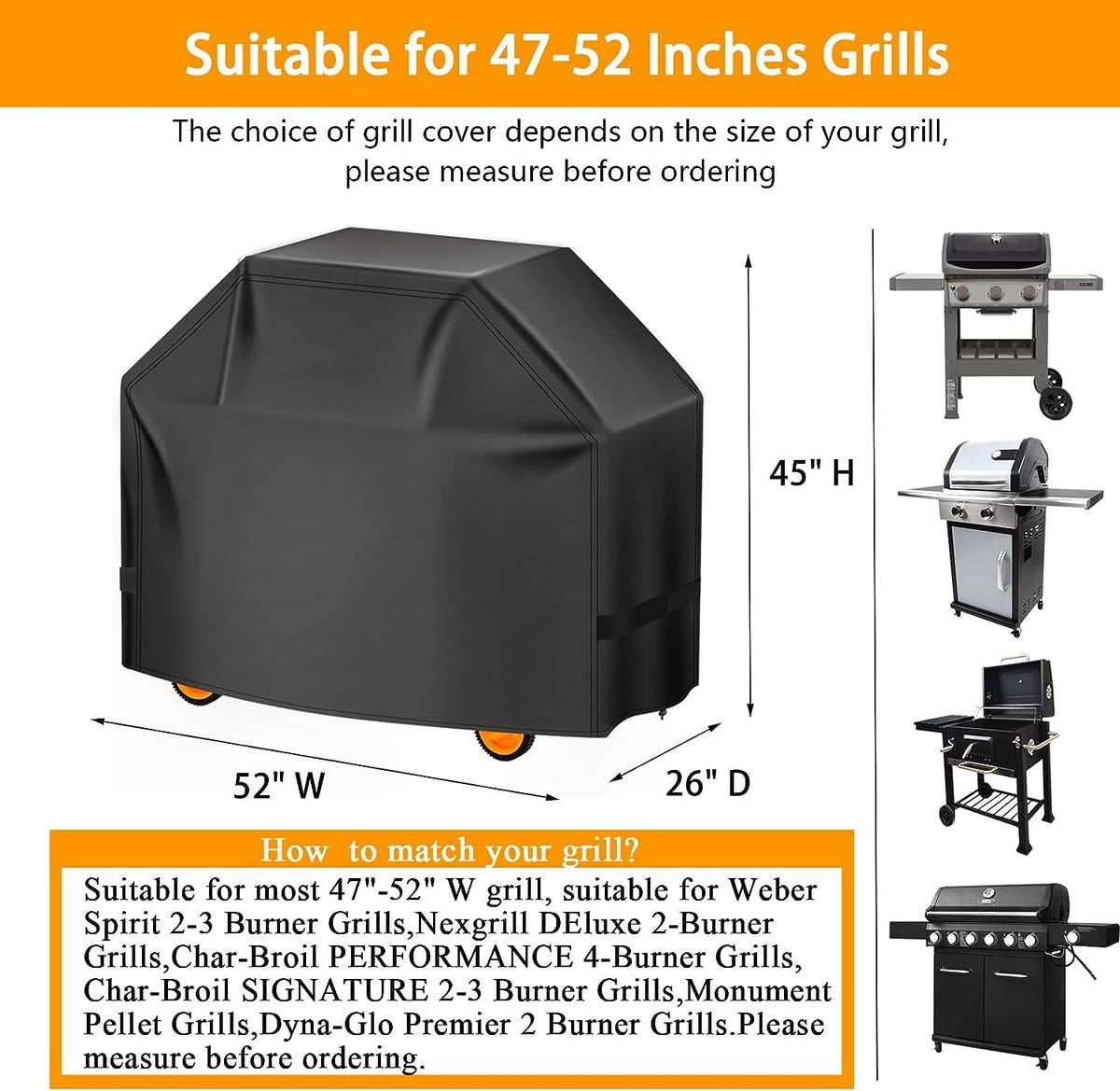 Aoretic 52-inch grill cover side view shields grill from wind and moisture.