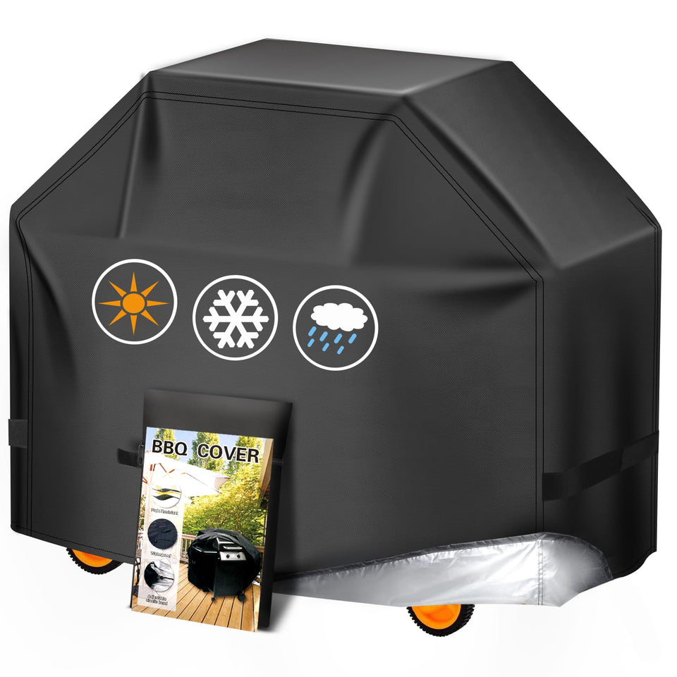 Aoretic grill cover shields a 58-inch grill from sun and rain.