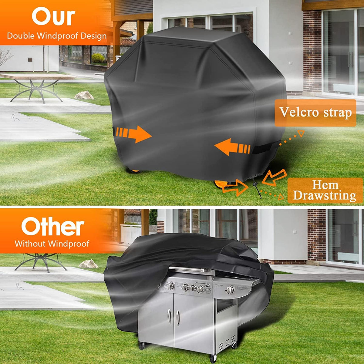Aoretic grill cover with adjustable straps for secure windproof fit.