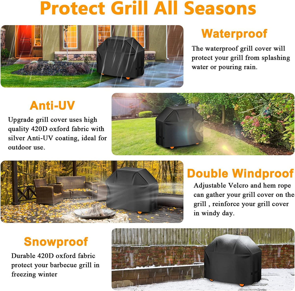 Aoretic grill cover shows 48x22x42 inch dimensions and compatibility.