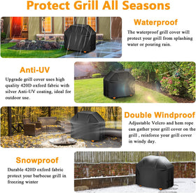 Aoretic grill cover shows 48x22x42 inch dimensions and compatibility.