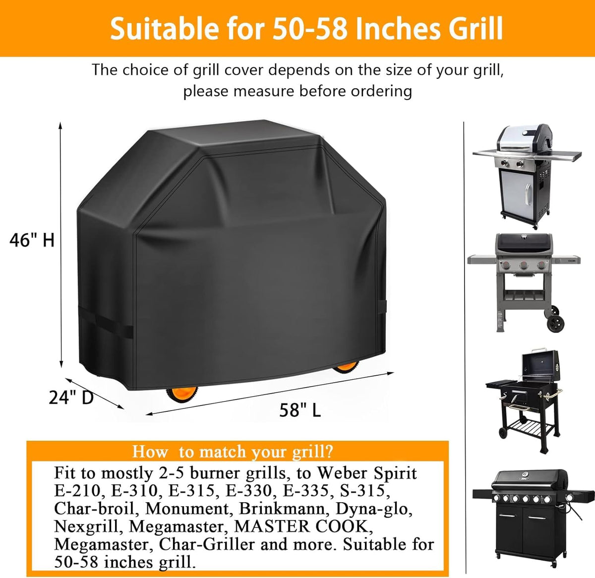 Aoretic grill cover in waterproof fabric protects against rain and snow.