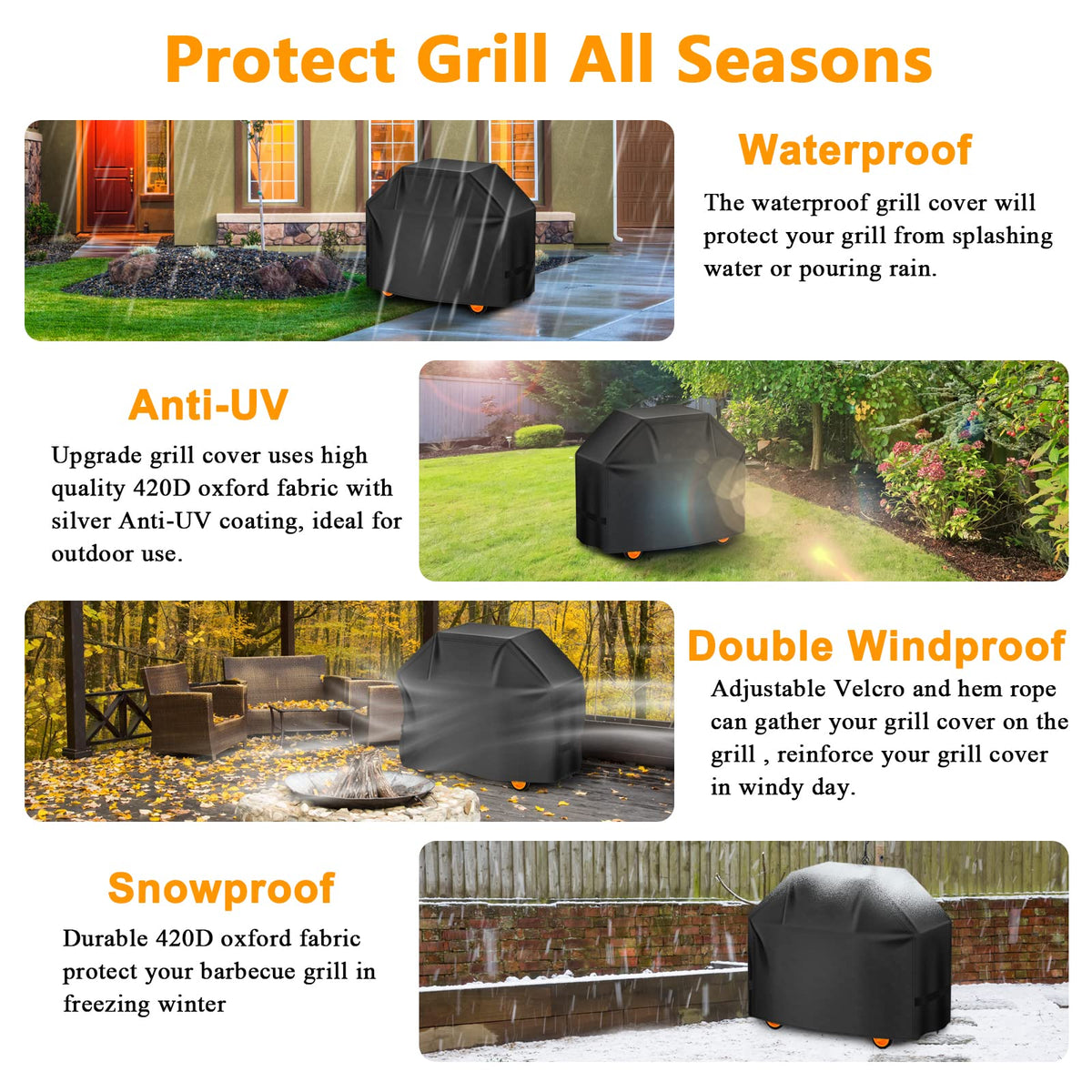 Aoretic windproof cover resists gusts to protect your grill.