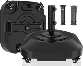 AOSTD umbrella base with five wheels enables easy patio mobility.