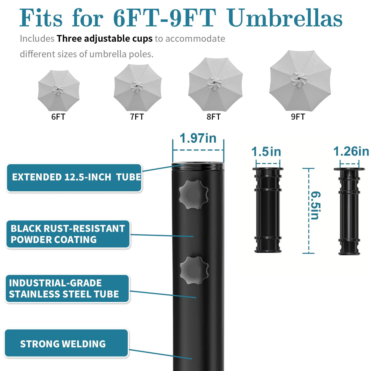AOSTD base fits poles 1.26–1.97 inches for 6–9 ft umbrellas.