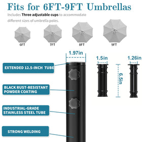 AOSTD base fits poles 1.26–1.97 inches for 6–9 ft umbrellas.