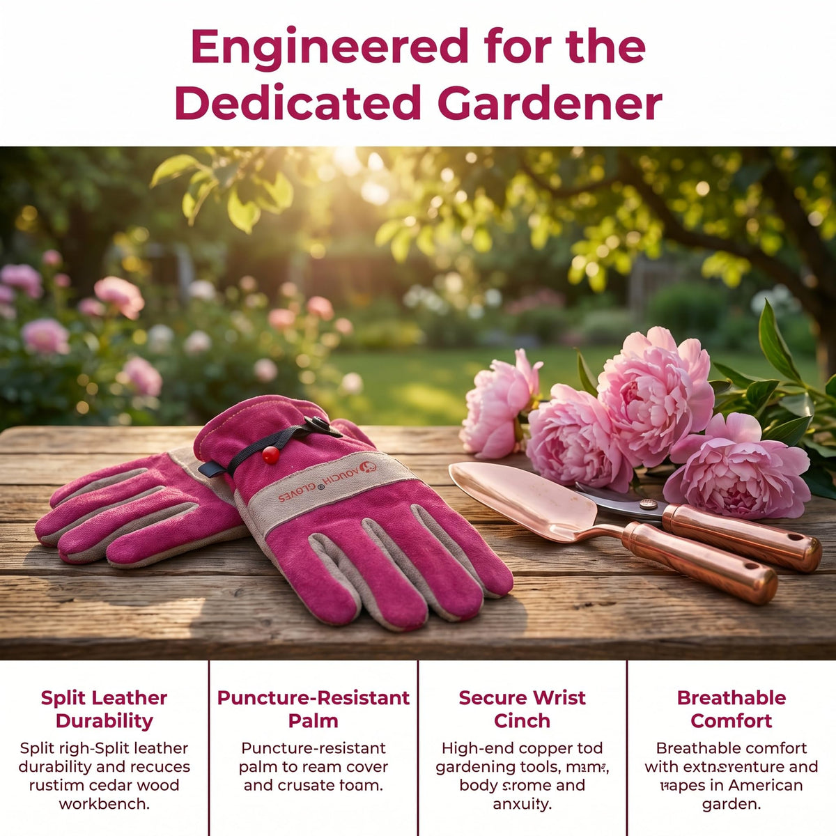 AOUCHI leather gardening gloves highlighting reinforced palm grip for tools.