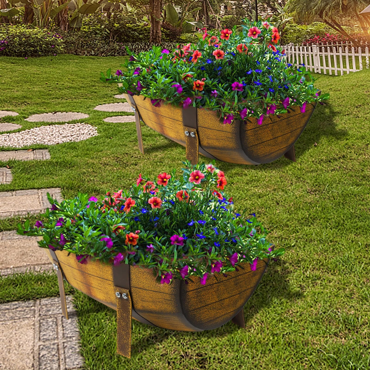 Aoutrow half-barrel planter with legs, sturdy and easy to assemble.