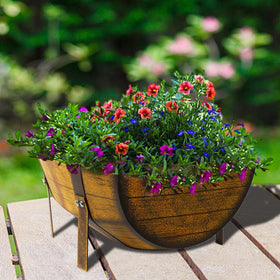 Aoutrow pair of planters enhances yard entry or pathway.