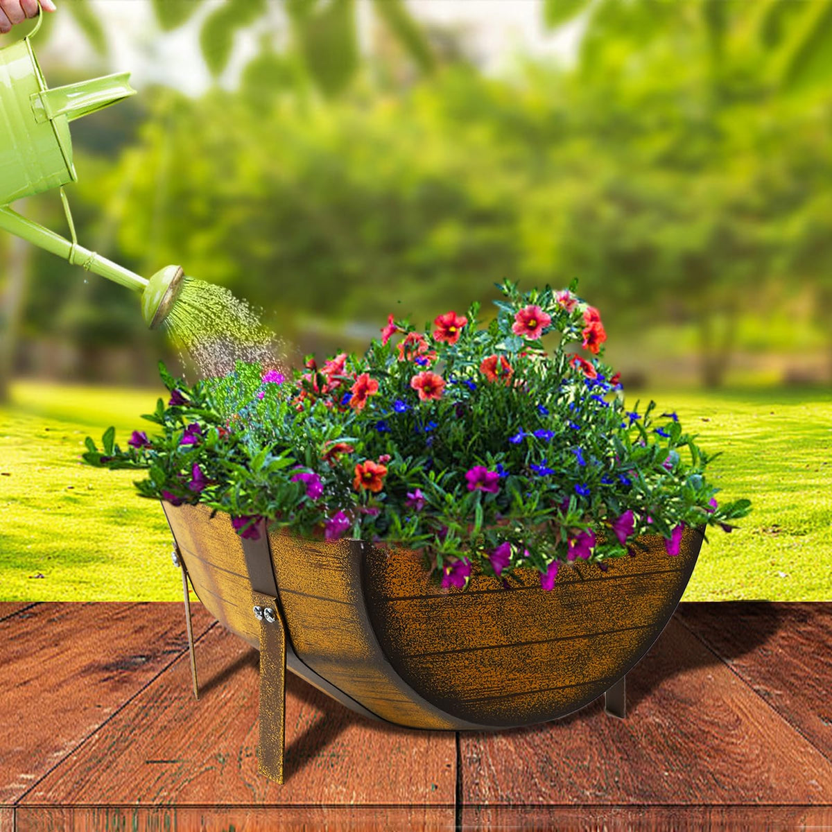 Aoutrow planter on patio creates elegant garden display.