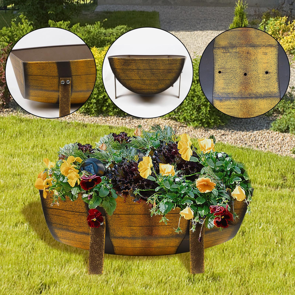 Aoutrow rustic brown barrel planter adds warm outdoor decor.