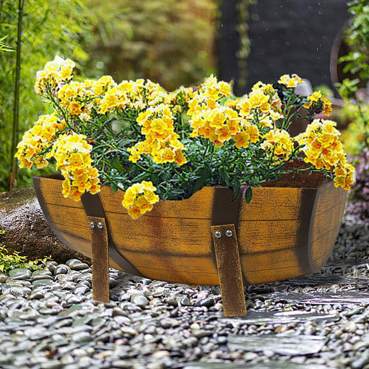 Aoutrow weather-ready barrel planter withstands sun and rain.