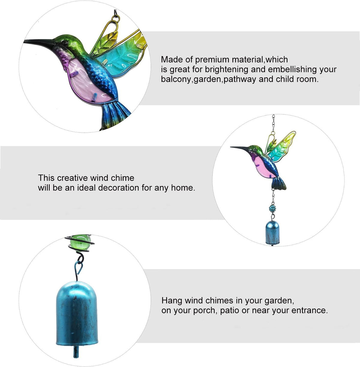 Aovdy glass mosaic hummingbird adds colorful charm and a soothing tonal sound.