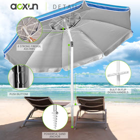 Aoxun sand anchor stabilizes the umbrella on windy shores.