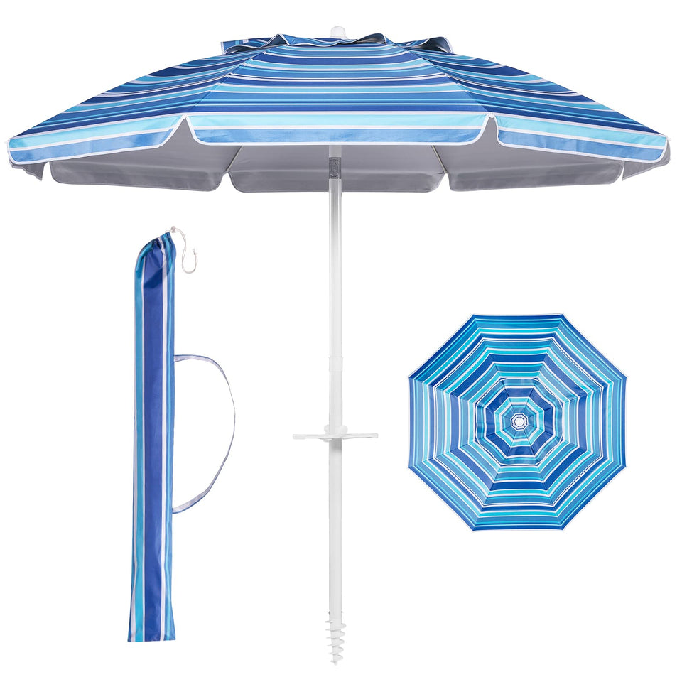 Aoxun 6.5ft beach umbrella with tilt pole providing adjustable shade on the beach.