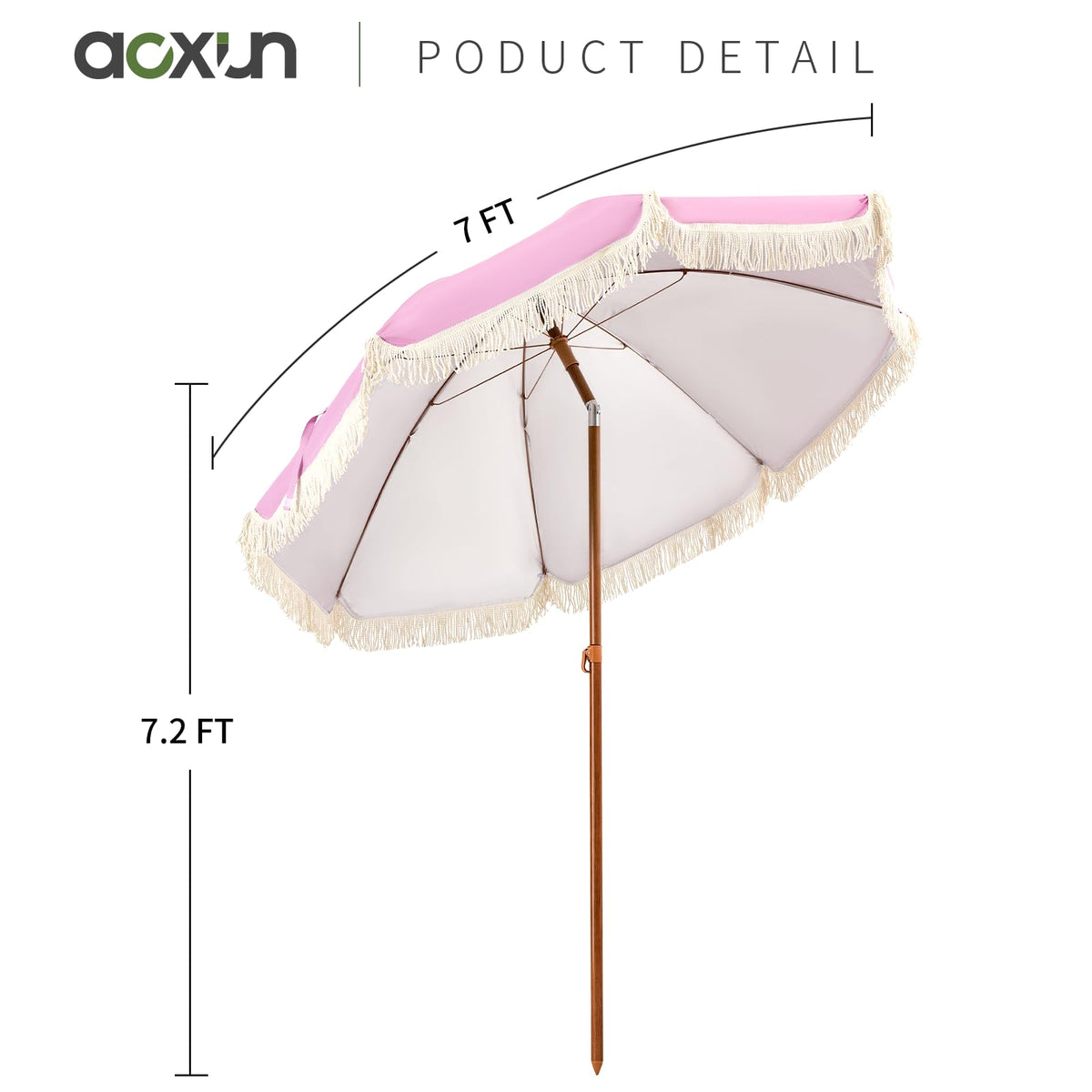 Aoxun pink fringe umbrella on a sunny beach scene demonstrates portable shade with carry bag
