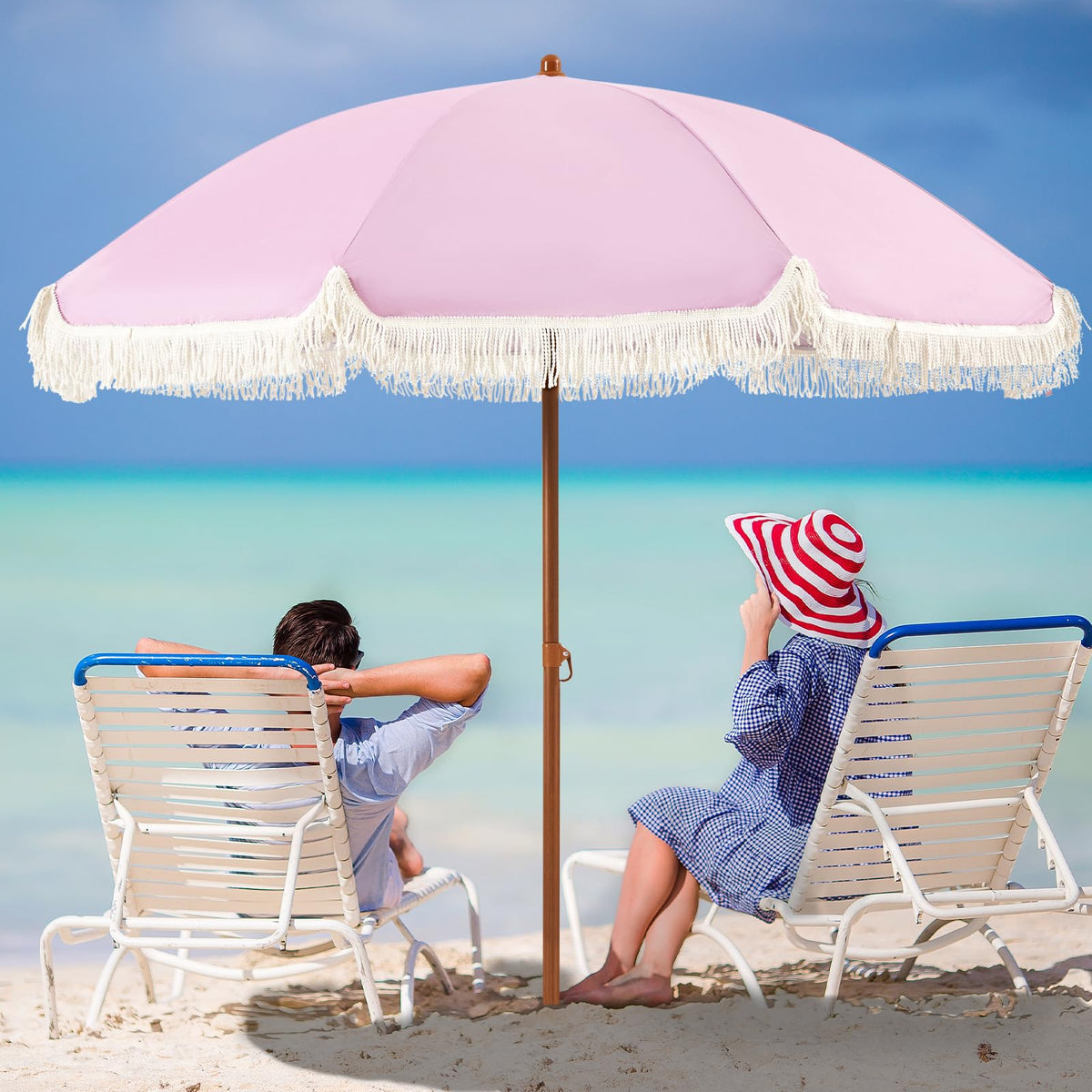 Aoxun fringe pink umbrella with aluminum pole and fiberglass ribs for sturdy beach shade