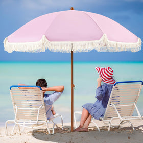 Aoxun fringe pink umbrella with aluminum pole and fiberglass ribs for sturdy beach shade