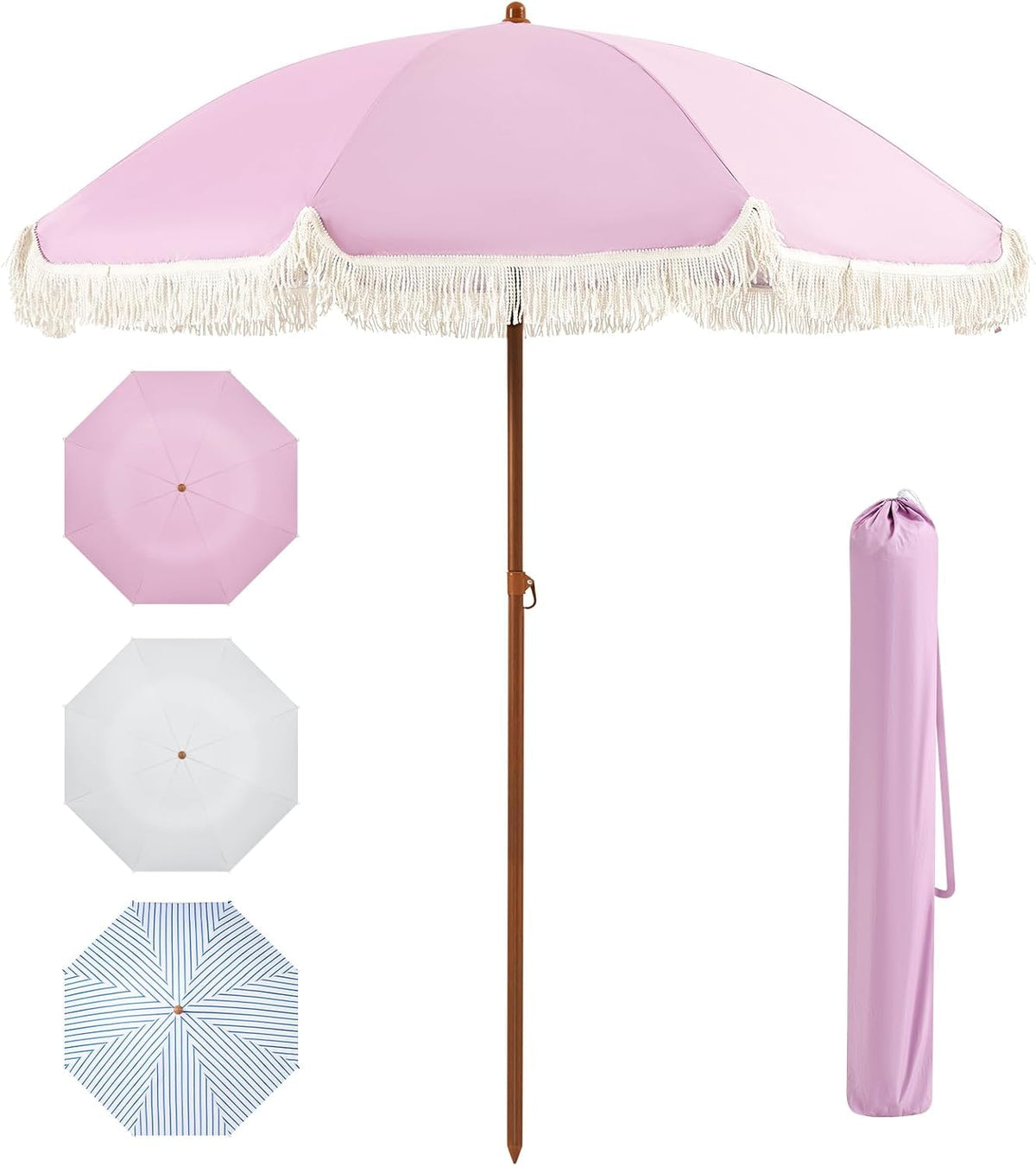 Aoxun 7ft patio umbrella fringe pink top view with wide shade and UV protection