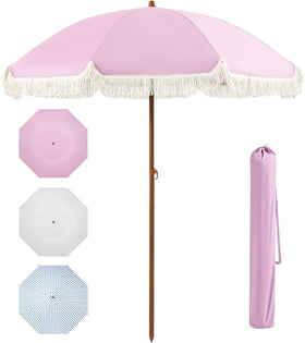Aoxun 7ft patio umbrella fringe pink top view with wide shade and UV protection
