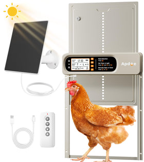Apdoe coop door with solar panel for reliable, solar powered operation