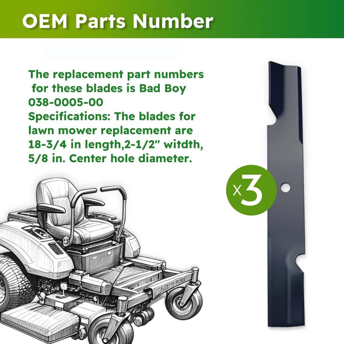 Apeixoto 038-0005-00 blade pack showing three-piece durability for mowing seasons