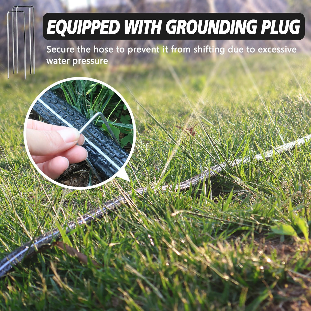 Apgooface sprinkler hose with garden staples secures coverage across beds.