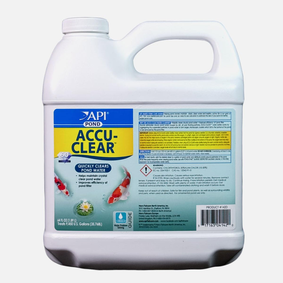 API POND ACCU-CLEAR bottle clarifies cloudy water in freshwater ponds.
