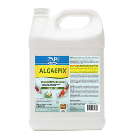 API POND ALGAEFIX bottle and label showing copper-free algae control safe for fish and plants.