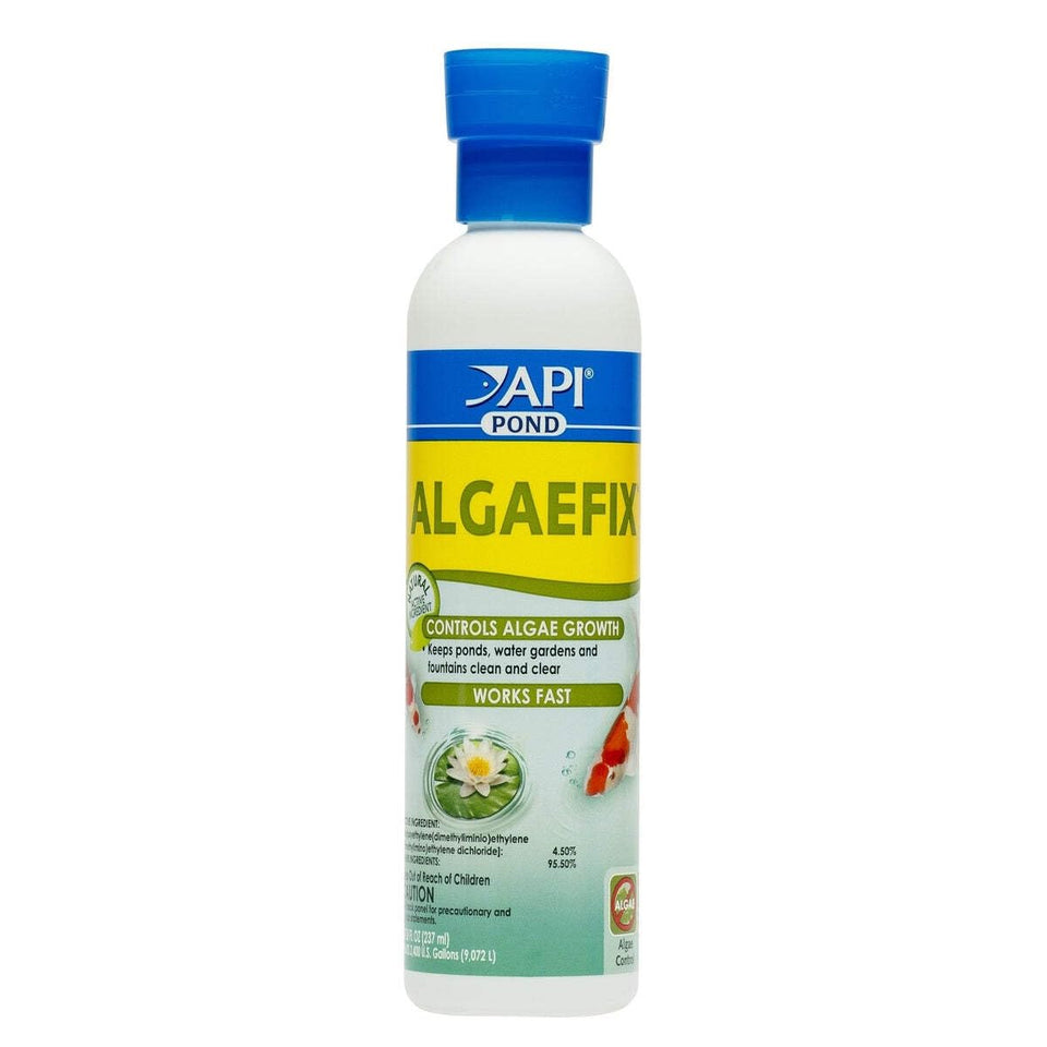 API POND ALGAEFIX bottle pouring into water to treat up to 2,400 gallons.