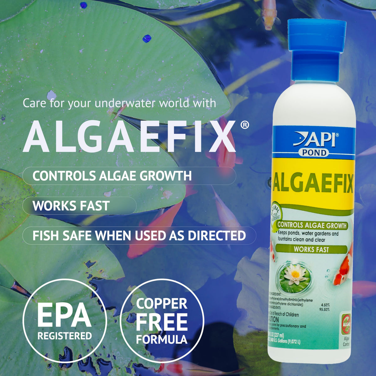 API POND ALGAEFIX bottle pour demonstrating fast dosing for algae management.