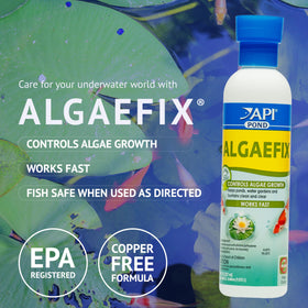 API POND ALGAEFIX bottle pour demonstrating fast dosing for algae management.